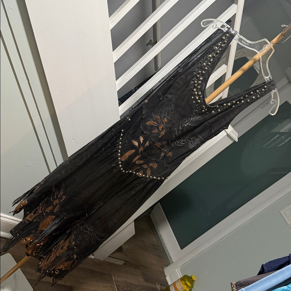90s vintage Boho Studded Fringe Dress — Black & Bronze Cutout Detail leather - Picture 6 of 7